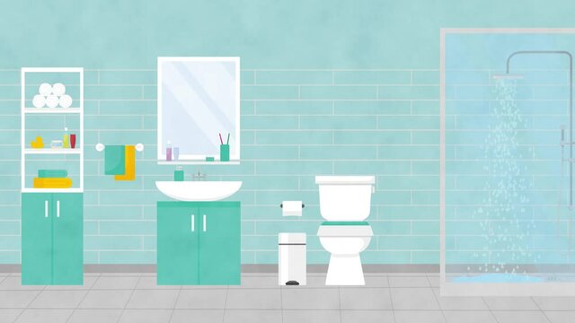 Cartoon Bathroom Animation with running shower, cool vector flat Bathroom with sower and running water background seamless loop. Rest and relax concept with space for your text or logo. 