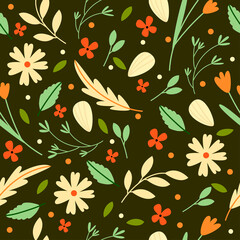 Seamless floral pattern with cute hand-drawn flowers and leaves