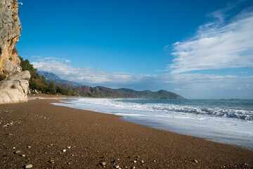 The sea and beach of Olympos (Olimpos) historic ancient city and Cirali, Kemer, Antalya, TURKEY.