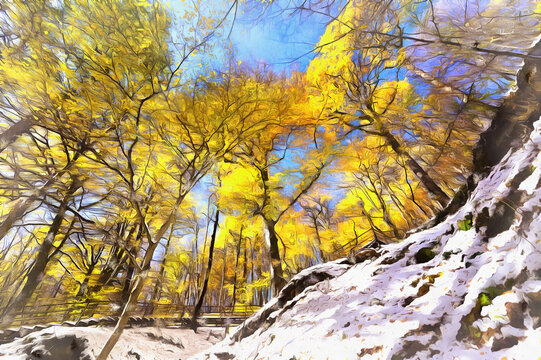 View on yellow autumn trees with blue sky colorful painting looks like picture.