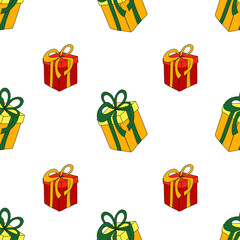 Seamless Christmas pattern. White background. Multicolored
gifts with different bows and ribbons. Vector. Cartoon. Bright festive backdrop for fabric, wrapping paper and wallpaper.