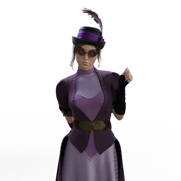 3D Photo of a Young Woman in a Purple Steampunk Dress with Goggles Isolated on White