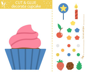 Vector Birthday party cut and glue activity. Holiday educational crafting game with cute dessert and decorations. Fun activity for kids. Candy bar illustration. Decorate cupcake.