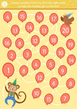 Birthday counting maze for children. Holiday preschool printable activity. Funny party game or math puzzle with cute monkey and air balloons. Choose numbers from 1 to 20 in the right order .