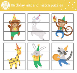 Fototapeta premium Vector Birthday mix and match puzzle with traditional holiday characters. Winter cut out matching activity for preschool children. Educational festive party printable game for kids.