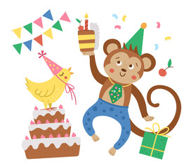 Obraz premium Vector Birthday party composition with cute dancing monkey, cake, bird, present. Holiday background design for banners, posters, invitations. Festive card template with funny animals.