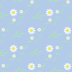 Chamomile seamless pattern on a blue background. Endless pattern for baby textiles, lingerie or baby girls and boys clothes. Romantic daisies for babies. Vector image, flat style.