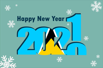 New year's card 2021. Demonstrates the element of the flag of Saint Lucia, a festive inscription and snowflakes. It can be used as a banner flyer, postcard, website, or national greeting.