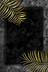 Black marble banner with golden palm branches. Place for text. Template for message or advertisement