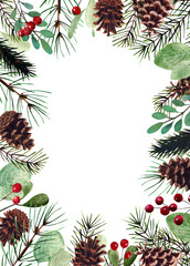 Fototapeta premium Watercolor christmas template with cones, pine branches, leaves and berries. Hand drawn illustration