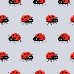 Seamless background with ladybug on gray. Simple pattern. Vector illustration.