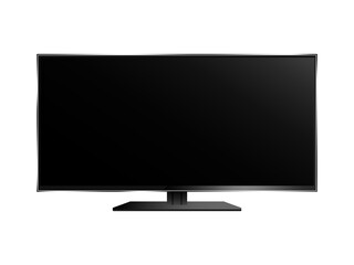 Realistic smart TV. Wide black empty screen with slim elegant silver body on stand modern 3D plasma.