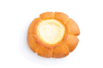 Sour cream bun isolated on white background. top view, close up.