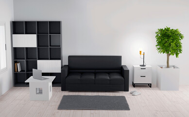 Living room interior, gray colored background, 3D render, 3D illustration