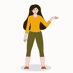 young brunette woman with pointing hand. An illustration for displaying an ad or text