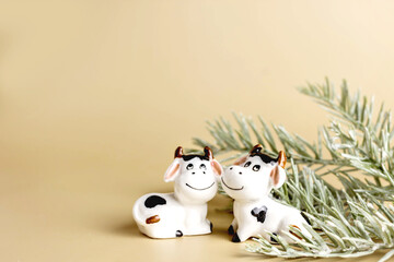 Bull symbol of the new year 2021. Ceramic figurines of small white bull and cow with branches christmas tree on pastel background. Copy space.