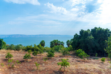 Fototapeta na wymiar Panoramic view of Sea of Galilee, Kinneret, Lake Tiberias. View from Galilee Mountains. Israel. High quality photo