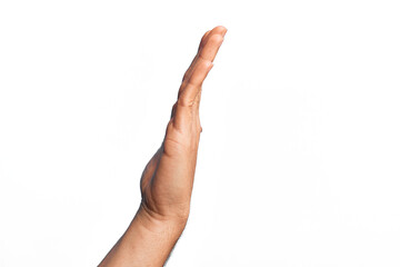 Hand of caucasian young man showing fingers over isolated white background showing side of stretched hand, pushing and doing stop gesture