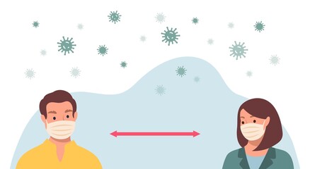 Social distancing concept. People wearing protective masks and keeping distance in public society to prevent COVID-19 coronavirus spreading.