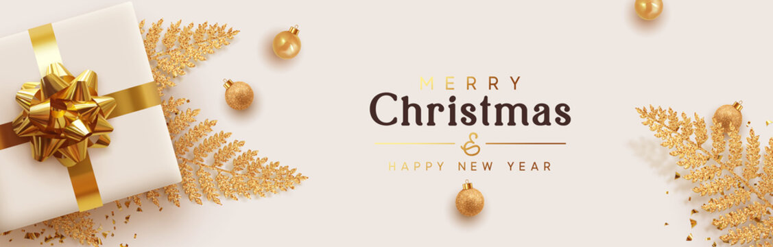 Christmas banner. Background Xmas design of realistic 3d render gifts box, golden fern branches, glitter gold confetti, bauble ball. Horizontal New year poster, greeting card, headers for website