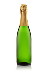 Green bottle of champagne isolated on white background.