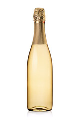 Yellow bottle of champagne isolated on white. © Kuzmick