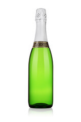 Green bottle of champagne isolated on white background.