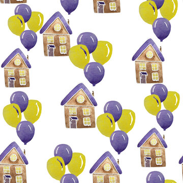 Watercolor fantasy house and colorful air balloons seamless pattern. Sweet Home illustration, air balloons on white background. Party design collection