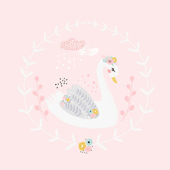 Childish illustration with swan in floral circle. Perfect for apparel design, poster, cards. Vector illustration