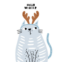 Cute hand drawn cat in festive deer horns. Cartoon vector illustration in scandinavian style. Ready design for greeting card, posters, apparel