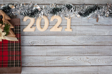 Composition of Christmas and new year decorations on a rustic wooden background. Copy space
