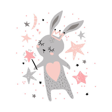 Cute bunny girl with crown and magic wand isolated on white. Childish print for apparel, nursery, cards,posters. Vector Illustration