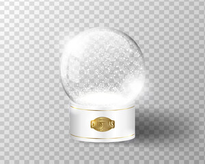 White vector snow globe empty template isolated on transparent background. Christmas magic ball. Glass ball dome with golden decoration shield on stand. Winter holiday crystal, snow inside. Xmas toy