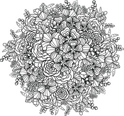 Big circle shape bouquet of different doodle flowers. Black on transparent background decorative floral vector element