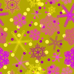 Colorful cheerful winter background of patterned snowflakes for the cold season. Seamless vector pattern for background, wallpaper, fabric, wrapping paper or other uses.