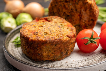 Fresh veggie burgers made from vegetables, beans and legumes, tasty vegan food
