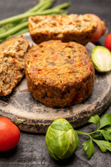 Fresh veggie burgers made from vegetables, beans and legumes, tasty vegan food