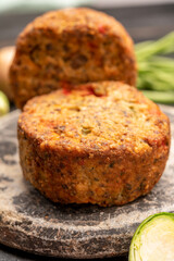 Fresh veggie burgers made from vegetables, beans and legumes, tasty vegan food