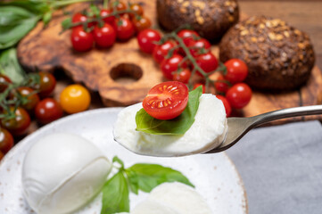 Cheese collection, eating. of white soft Italian cheese mozzarella, served with red cherry tomatoes, fresh basil leaves