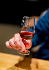 Professional tasting of different fortified dessert ruby, tawny port wines in glasses in porto cellars in Vila Nova de Gaia, Portugal