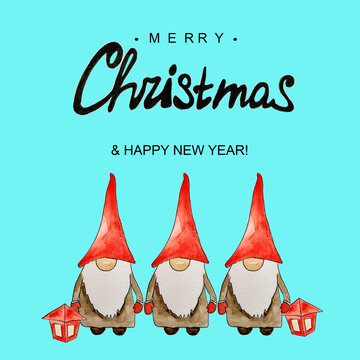 Cute Cartoon gnomes isolated on turquoise background