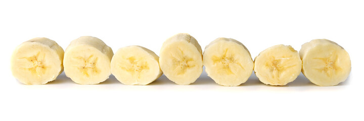 Sliced banana slices on a white background close-up