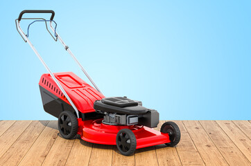 Fototapeta premium Lawn mower on the wooden planks, 3D rendering