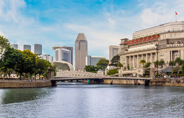 A view towards the Elgin and Anderson bridges over the Singapore river in Singapore, Asia