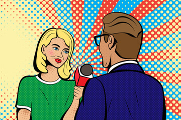 Beautiful girl interviews, journalist with microphone. Background in comic style retro pop art.