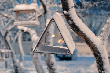 Bird feeder on a tree covered with snow at night