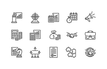 Business and management flat line icons set. Vector illustration component parts for a successful company. Editable strokes.