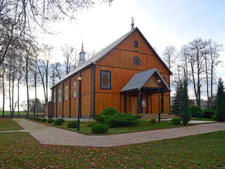 built in 1776, a historic wooden Catholic church dedicated to Our Lady of Czestochowa in the town of Tabędz in Podlasie, Poland