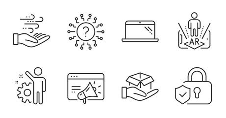 Augmented reality, Laptop and Seo marketing line icons set. Hold box, Question mark and Security lock signs. Wind energy, Employee symbols. Phone simulation, Computer, Megaphone. Vector