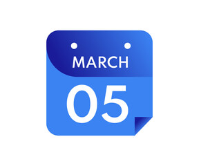 March 5 Date on a Single Day Calendar in Flat Style, 5 March calendar icon